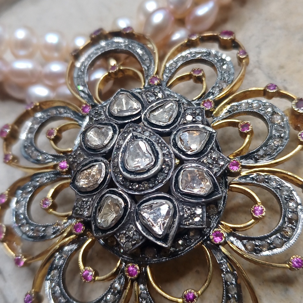 Natural Pearl Antique Paste Diamond Cut Glass & Ruby pendant Statement Necklace - Picture 7 of 10